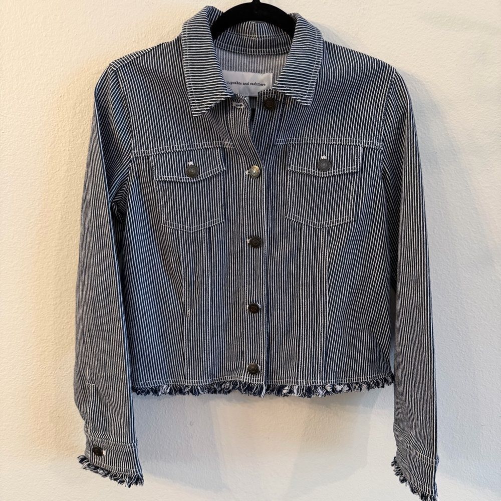 NWT Cupcakes And Cashmere Denim Jacket Womens Blue And White Stripes Size XS